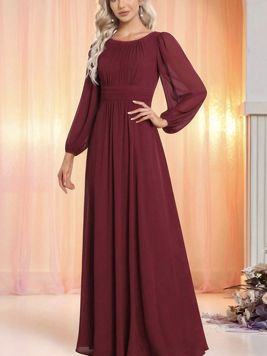 Burgundy Solid Puff Sleeves A-Line Maxi Dress
