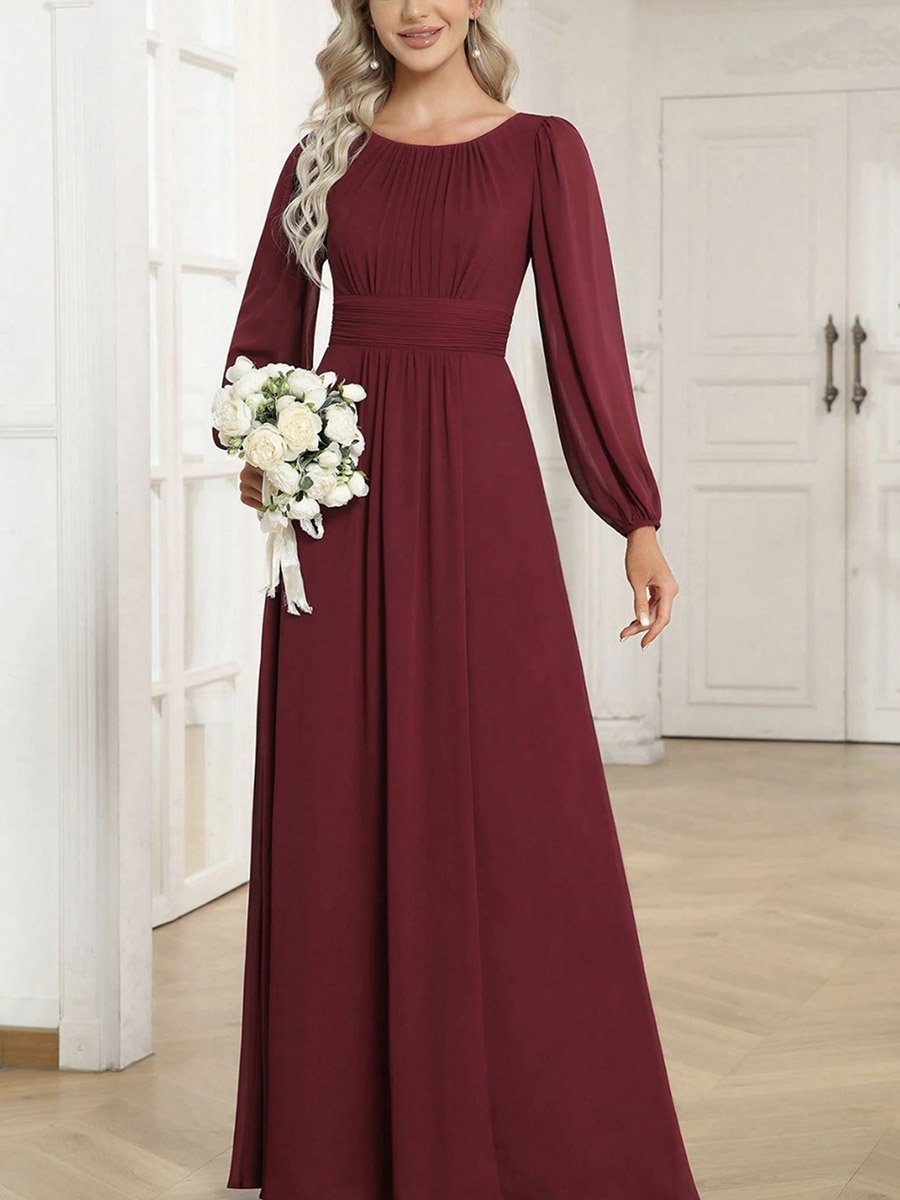 Burgundy Solid Puff Sleeves A-Line Maxi Dress