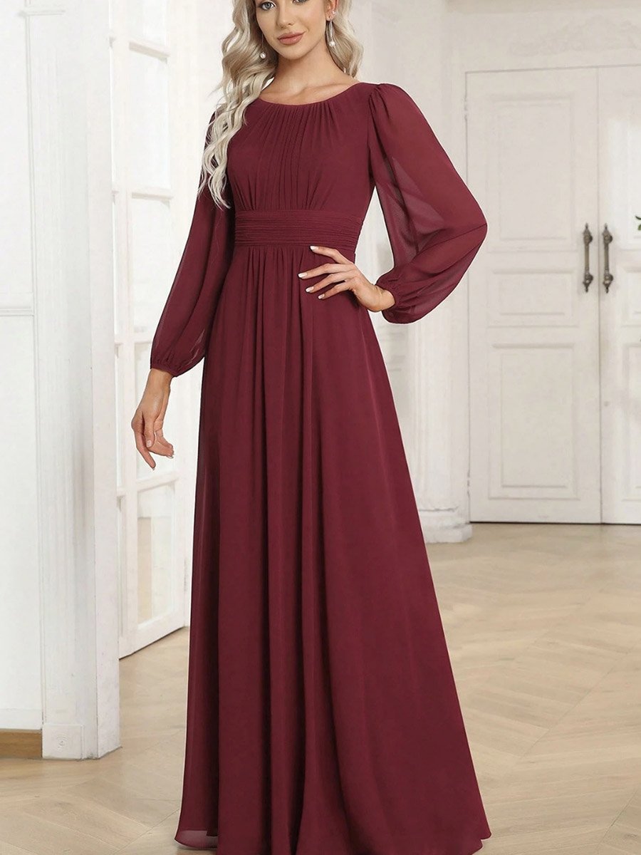 Burgundy Solid Puff Sleeves A-Line Maxi Dress
