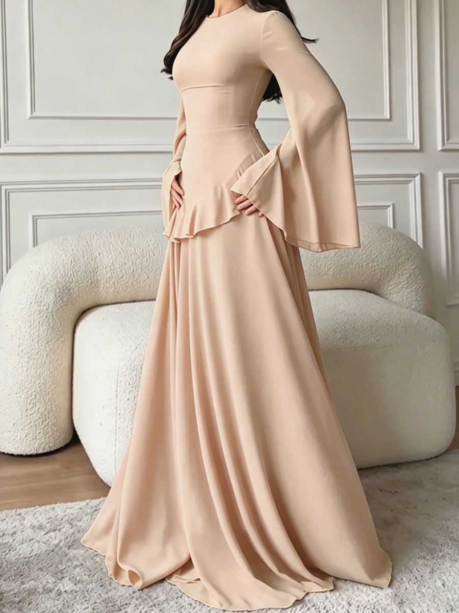 Beige Ruffle Detail Bell Sleeves Maxi Dress