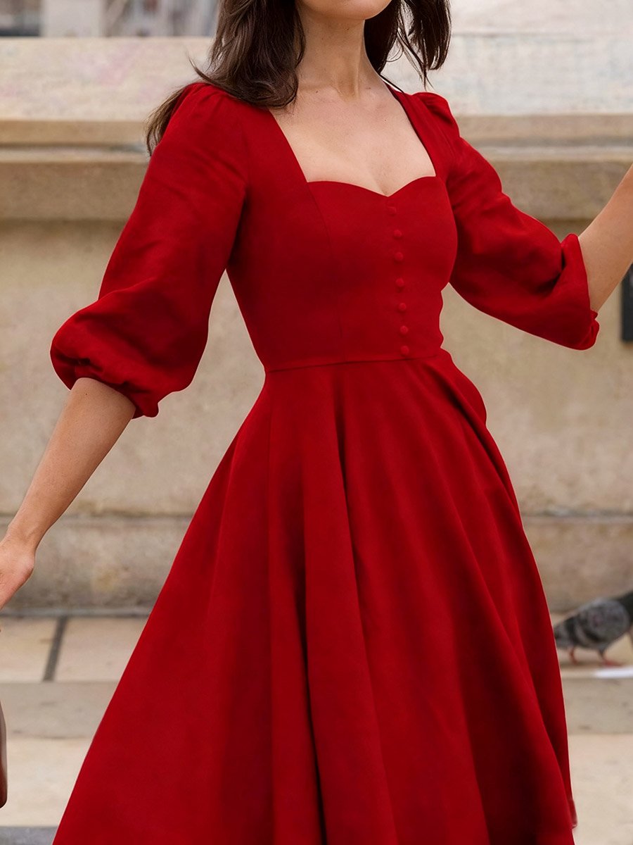 Red Plain Sweetheart Neck A-Line Midi Dress with Button Detail