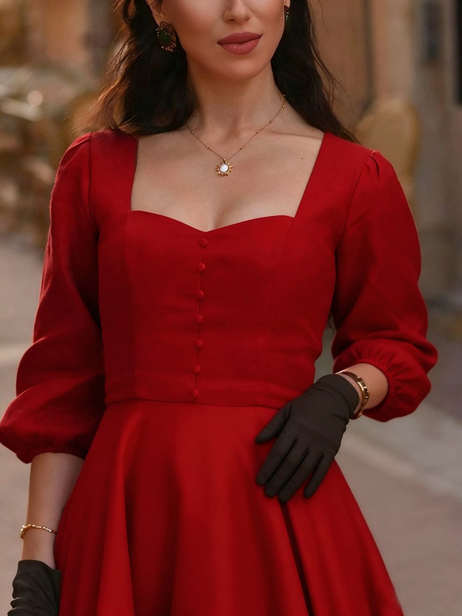 Red Plain Sweetheart Neck A-Line Midi Dress with Button Detail