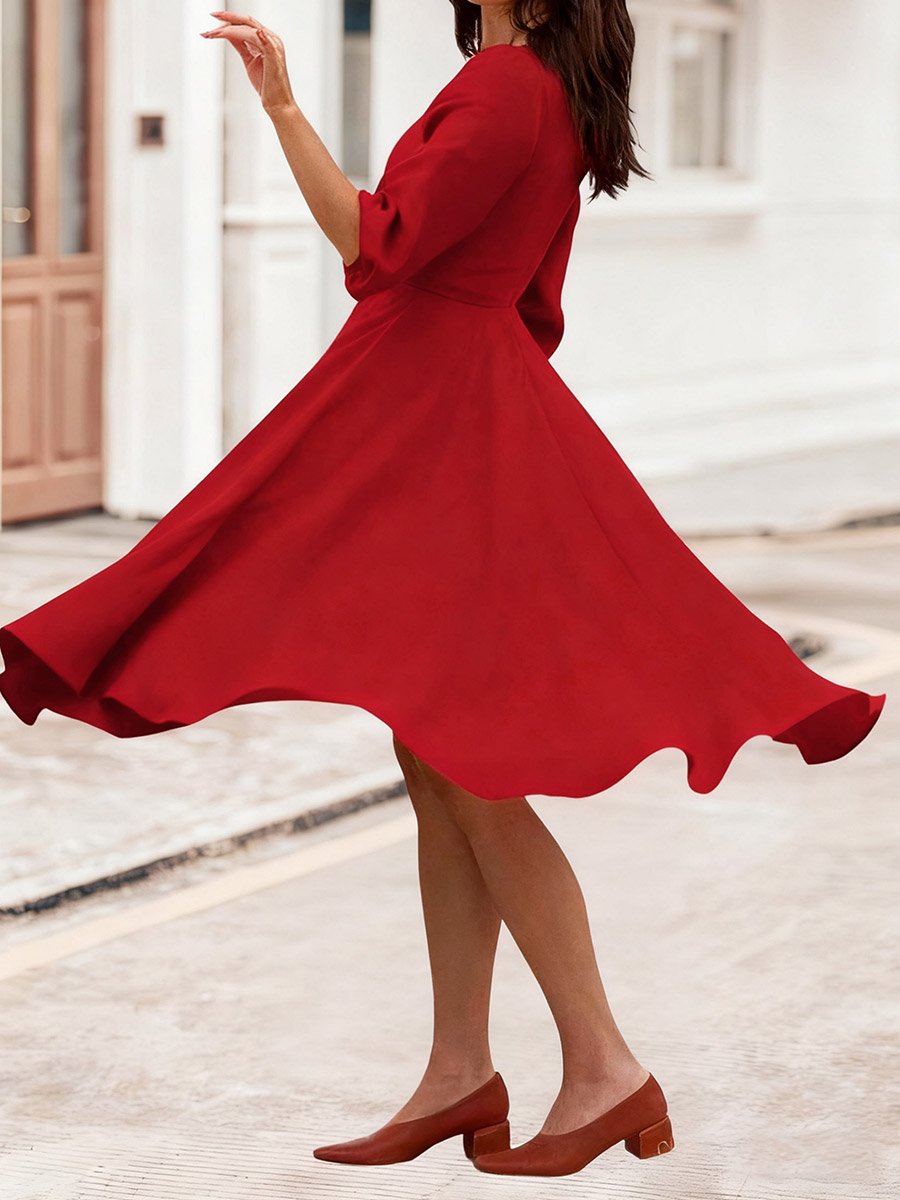 Red Plain Sweetheart Neck A-Line Midi Dress with Button Detail
