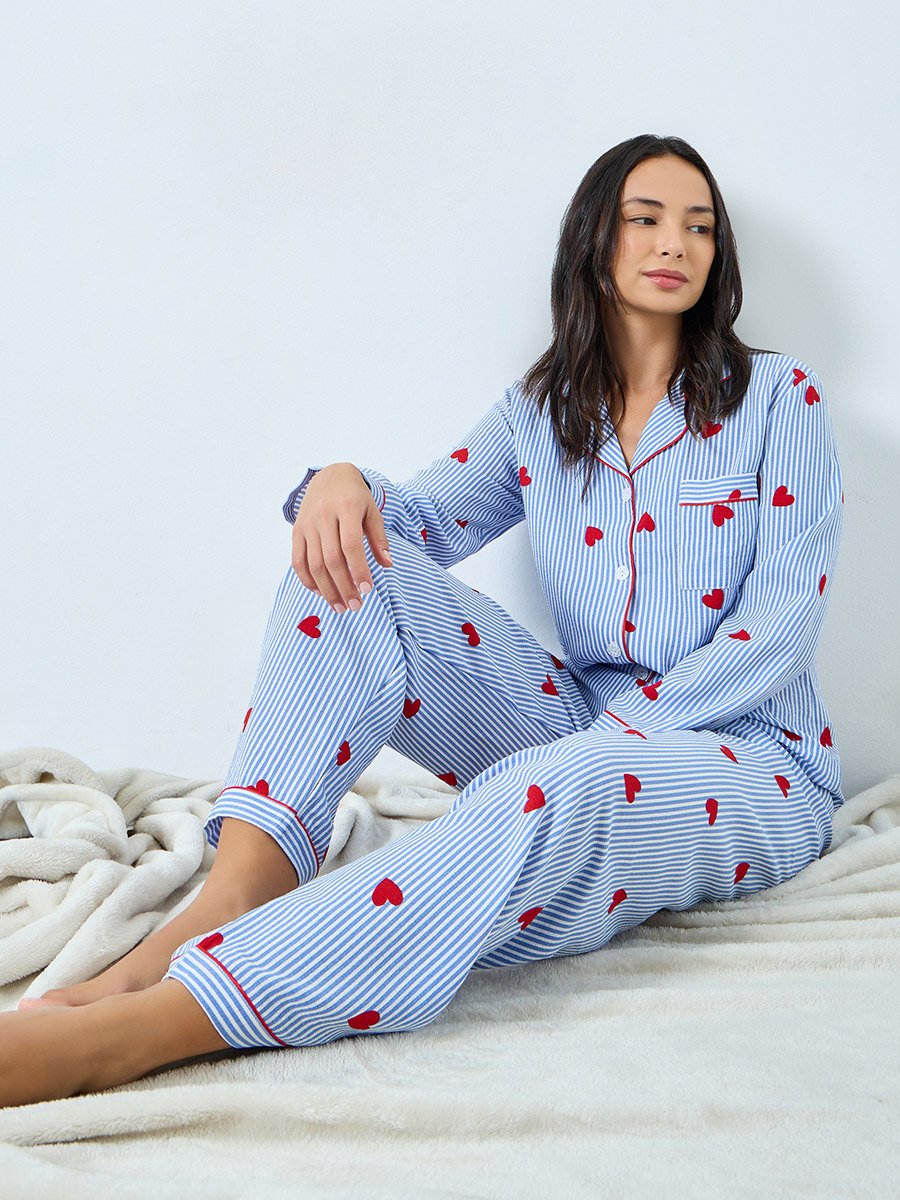 Blue Heart Striped Print Shirt and Pyjama Set