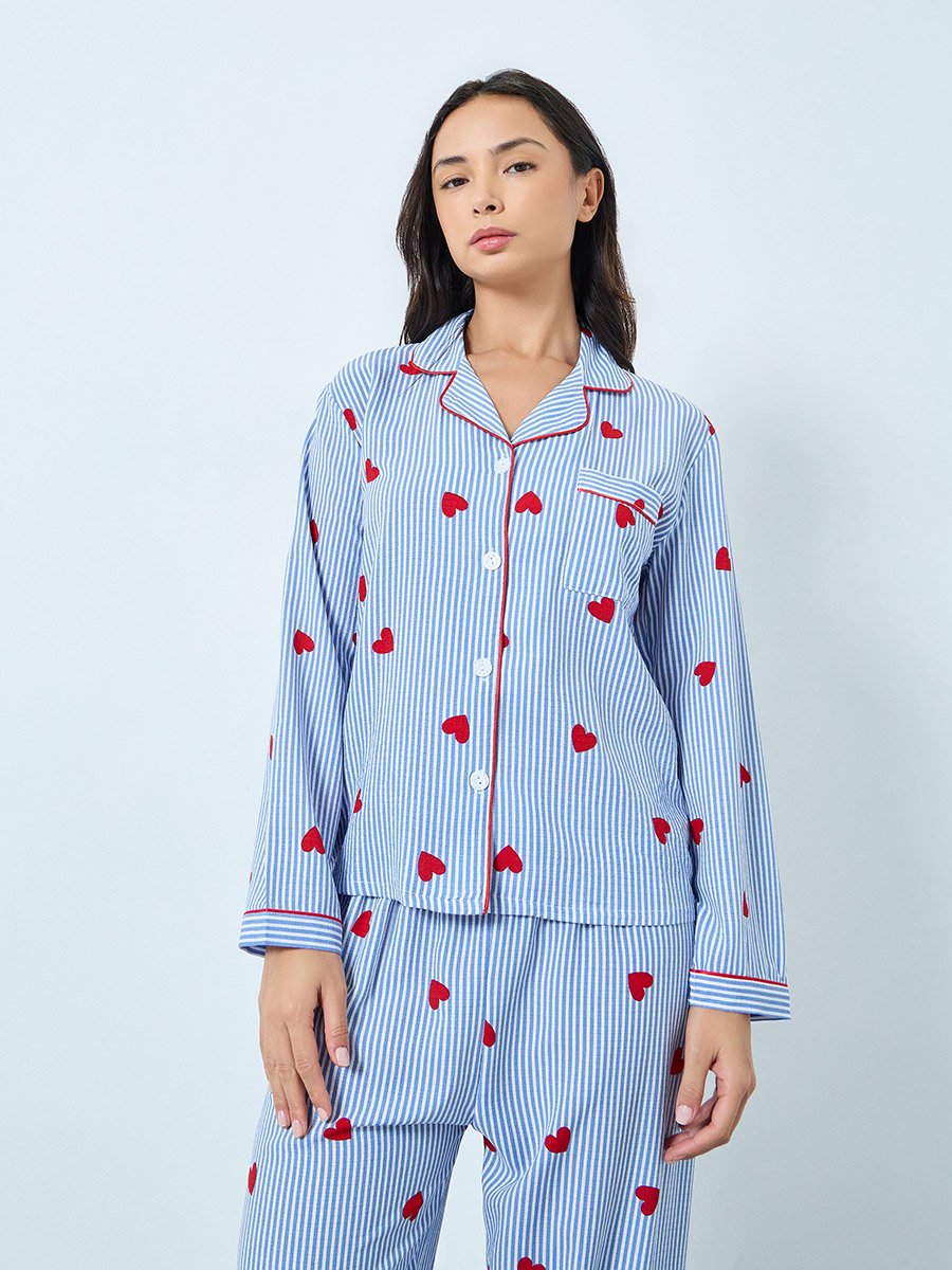 Blue Heart Striped Print Shirt and Pyjama Set