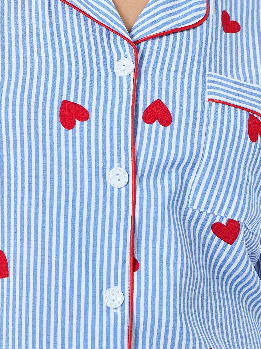 Blue Heart Striped Print Shirt and Pyjama Set