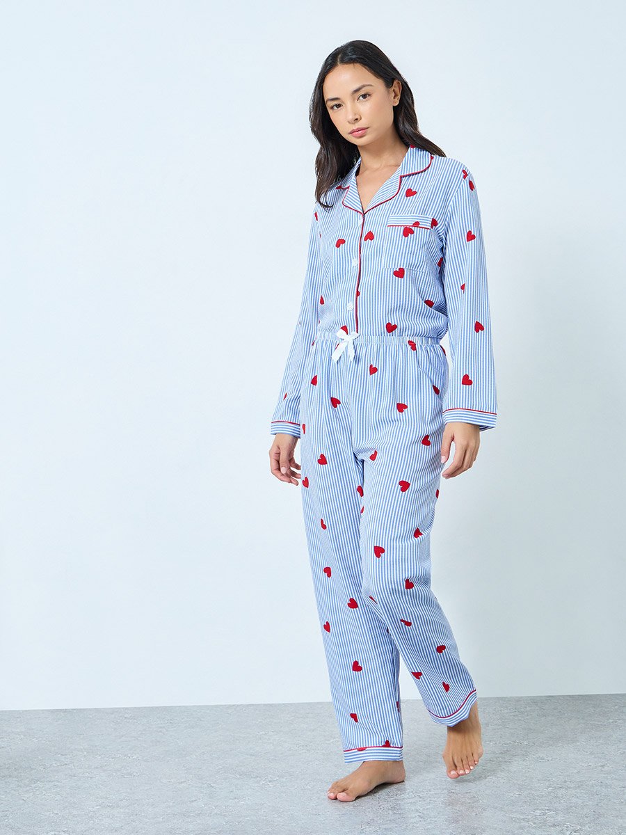 Blue Heart Striped Print Shirt and Pyjama Set