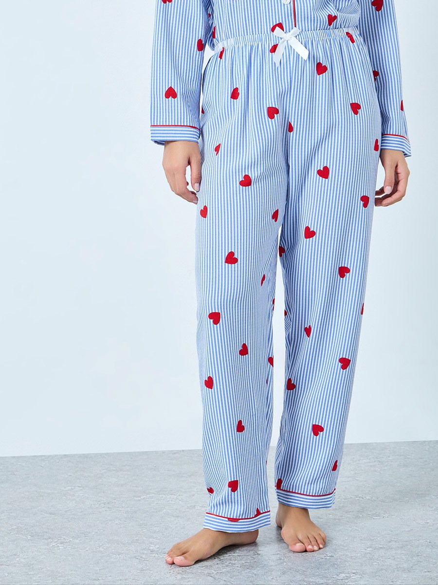 Blue Heart Striped Print Shirt and Pyjama Set
