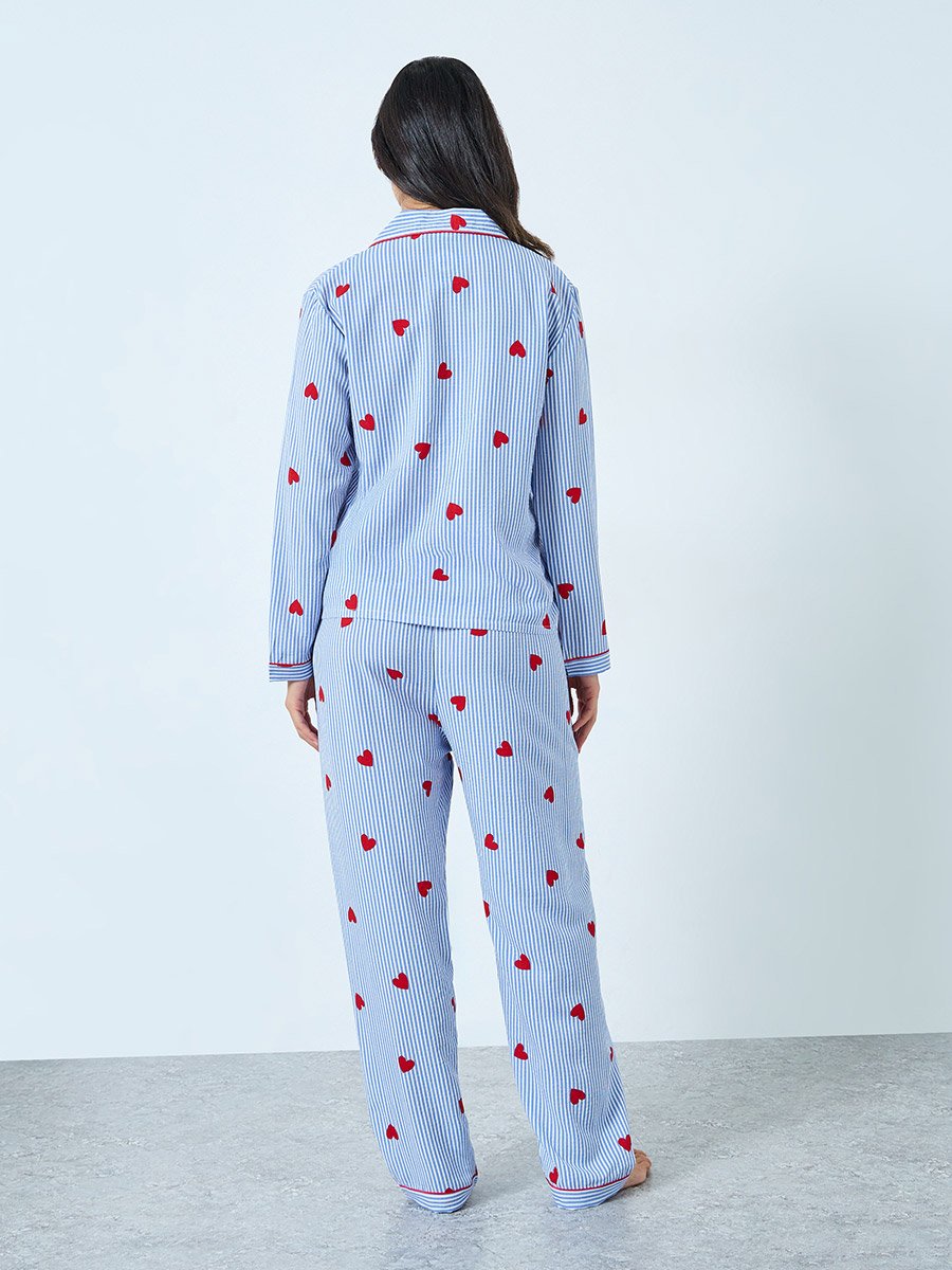 Blue Heart Striped Print Shirt and Pyjama Set