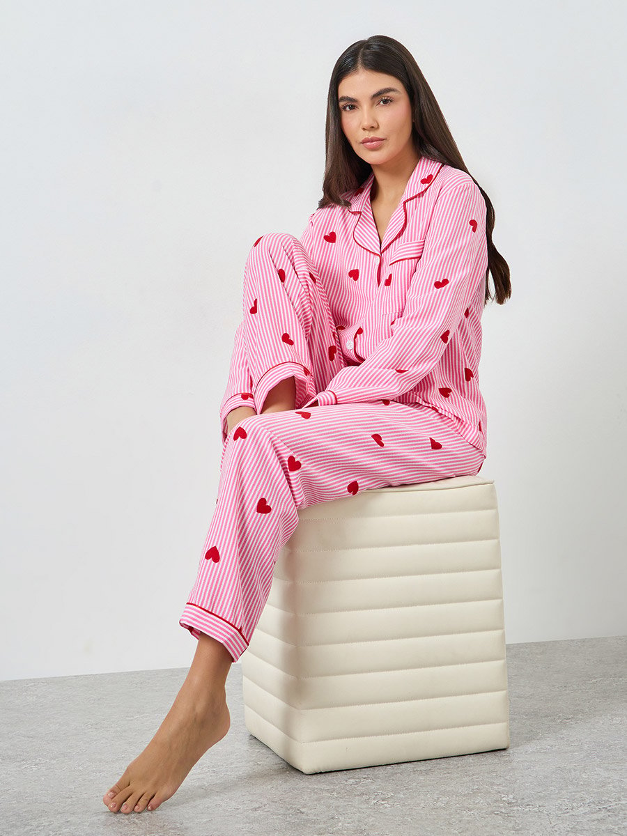 Pink Heart Striped Print Shirt and Pyjama Set