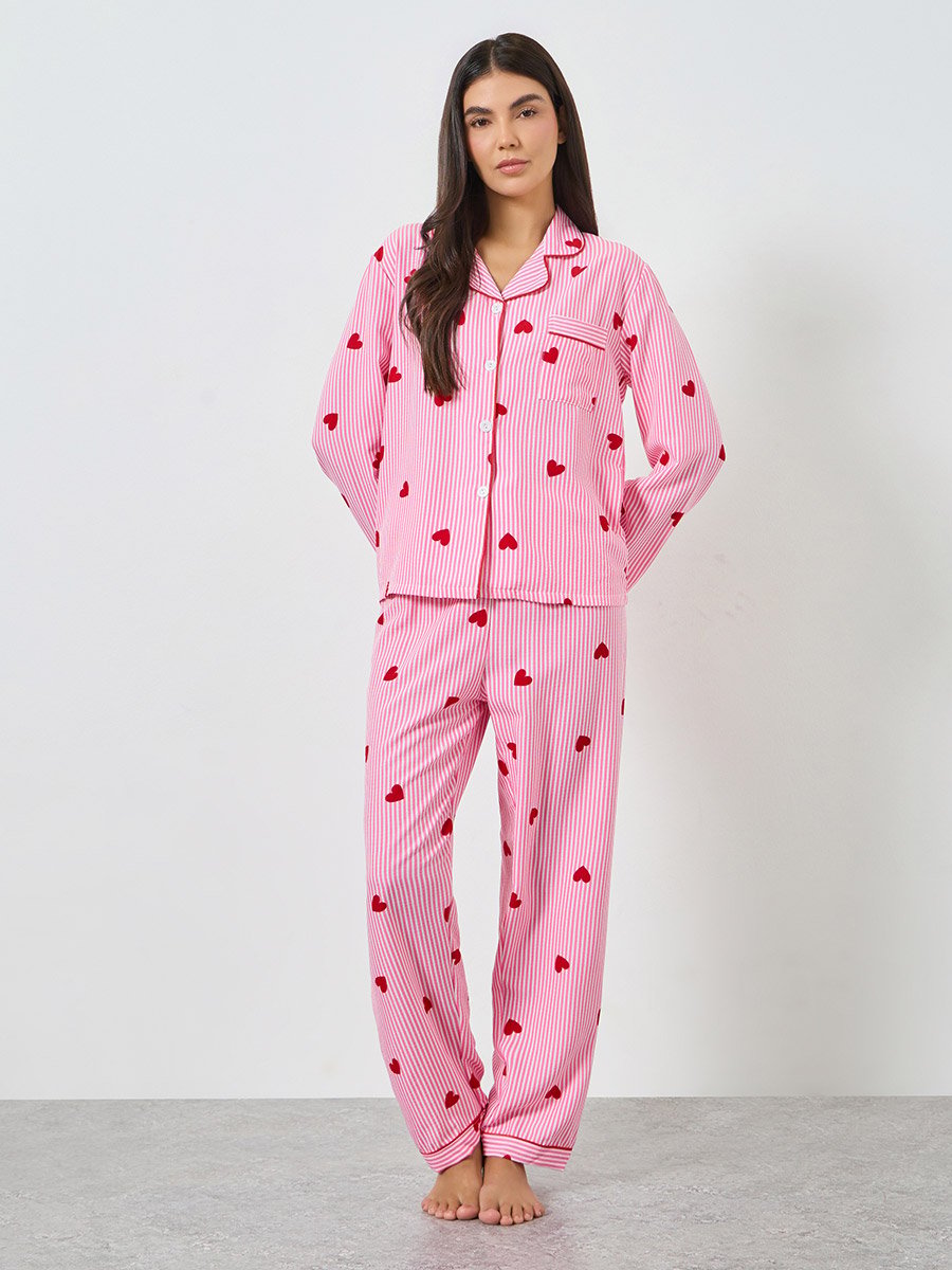 Pink Heart Striped Print Shirt and Pyjama Set