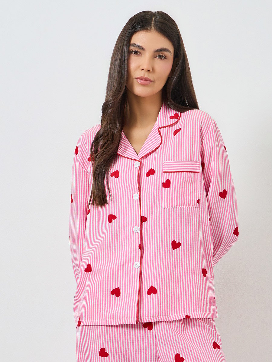 Pink Heart Striped Print Shirt and Pyjama Set
