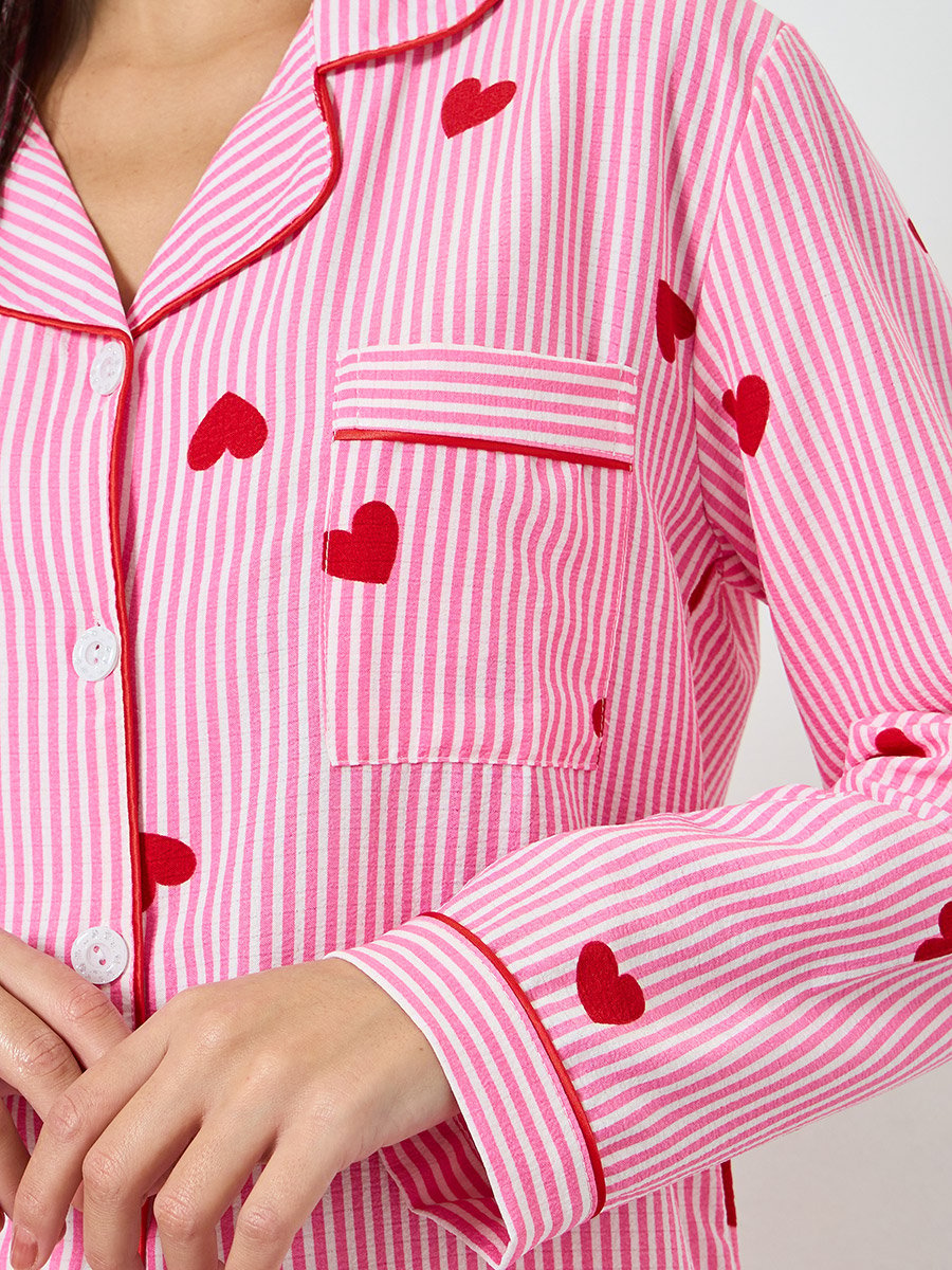 Pink Heart Striped Print Shirt and Pyjama Set