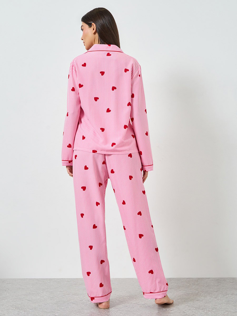 Pink Heart Striped Print Shirt and Pyjama Set