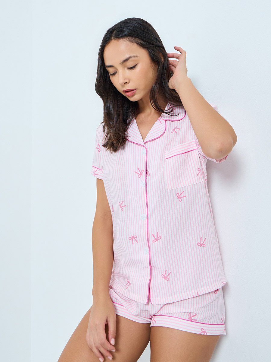 Pink Striped Bow Print Shirt and Shorts Set