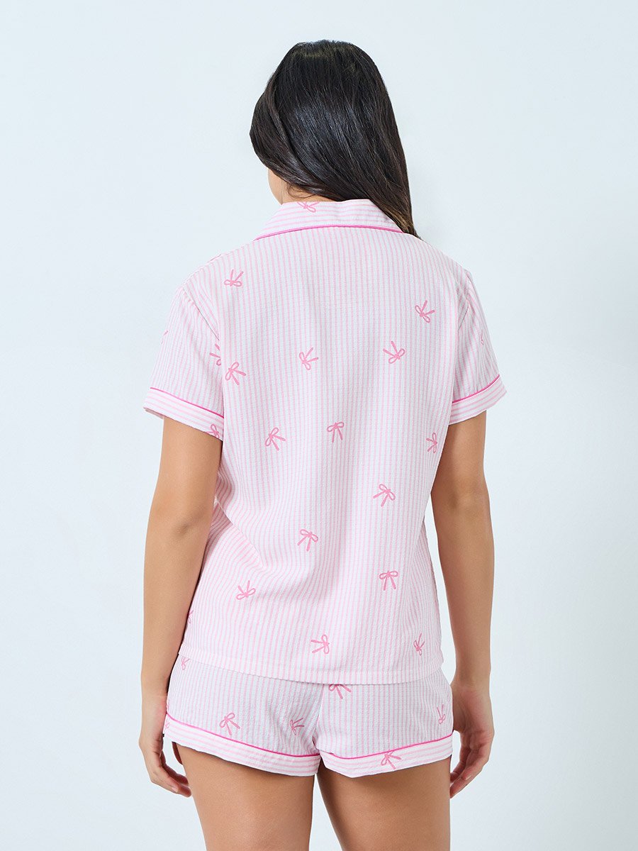Pink Striped Bow Print Shirt and Shorts Set