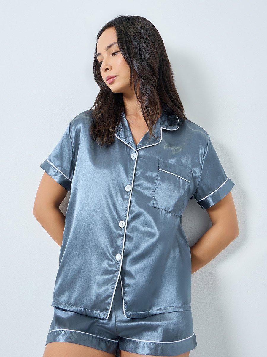 Blue Solid Piping Detail Shirt and Shorts Set