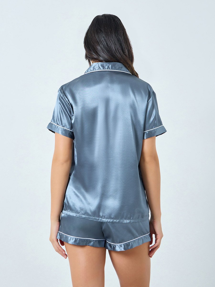 Blue Solid Piping Detail Shirt and Shorts Set