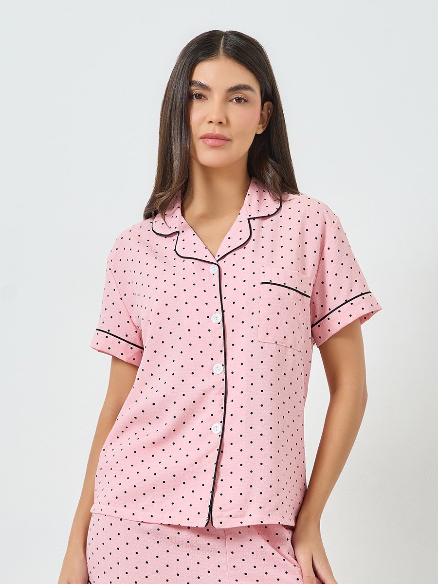 Pink Polka Dot Buttoned Shirt and Shorts Set