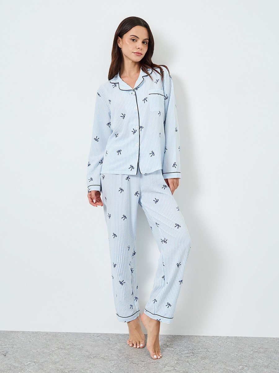 Light Blue Striped Bow Print Shirt and Pyjama Set