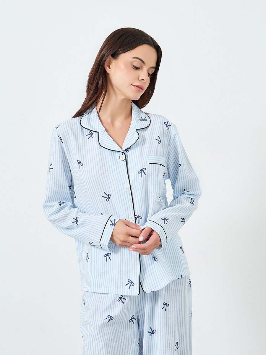 Light Blue Striped Bow Print Shirt and Pyjama Set