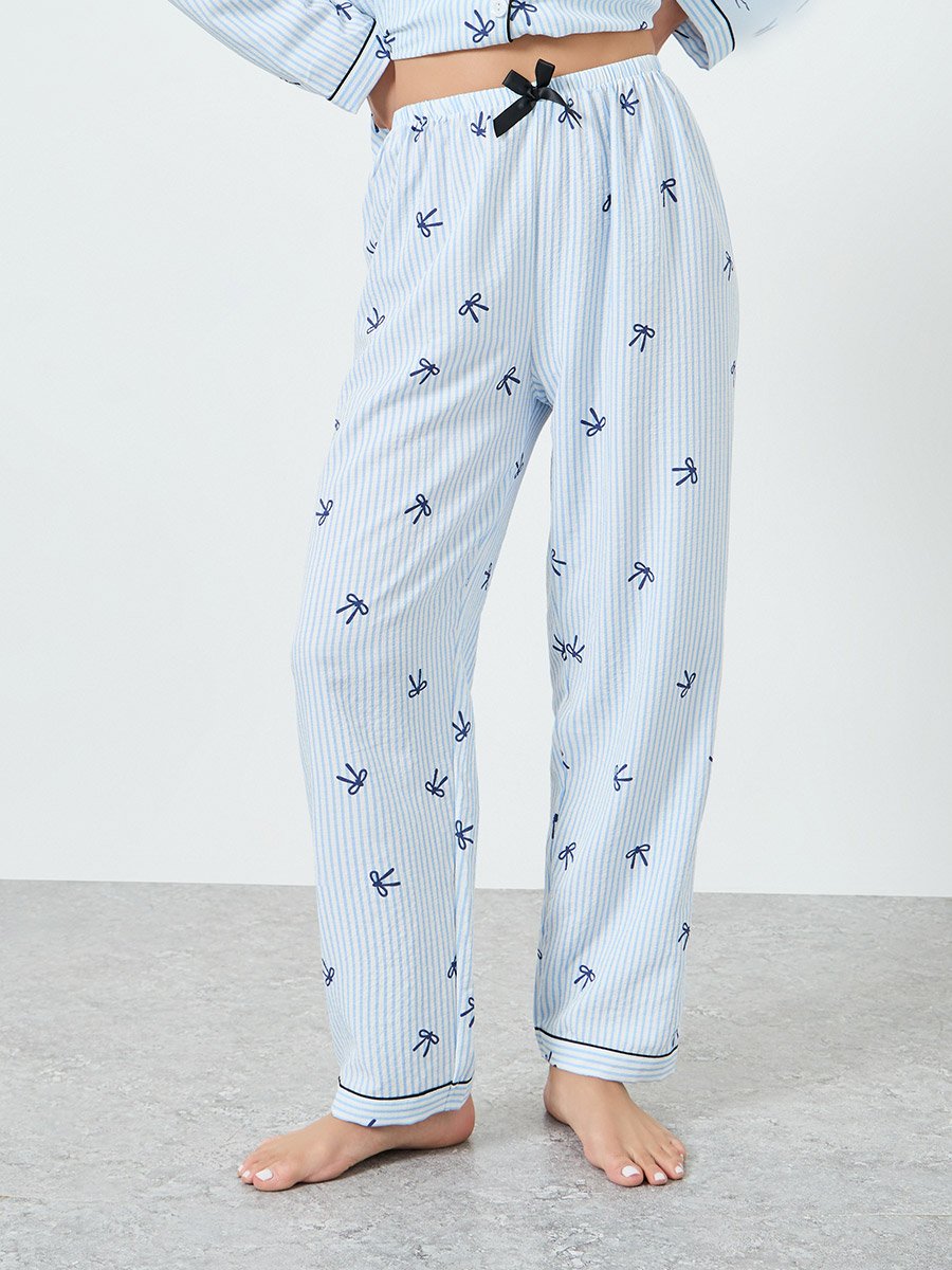 Light Blue Striped Bow Print Shirt and Pyjama Set