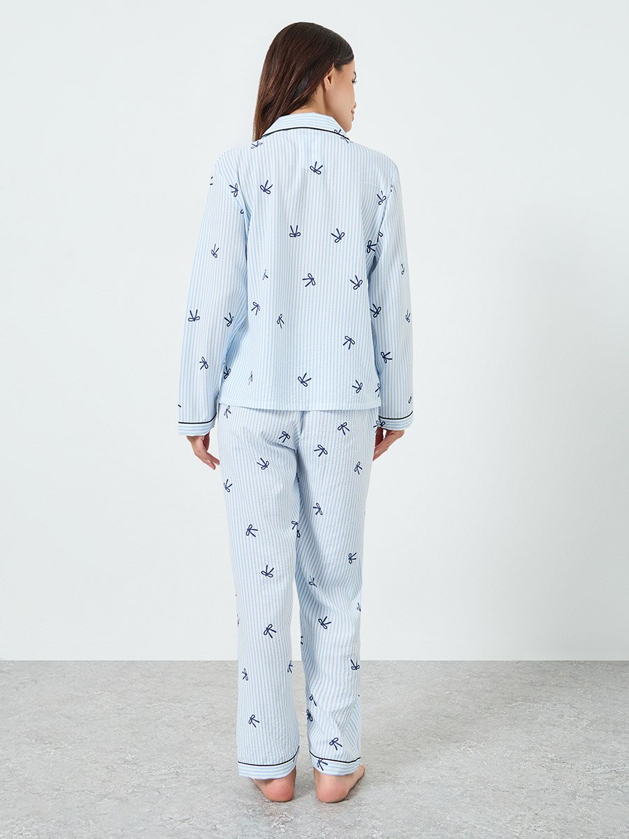 Light Blue Striped Bow Print Shirt and Pyjama Set