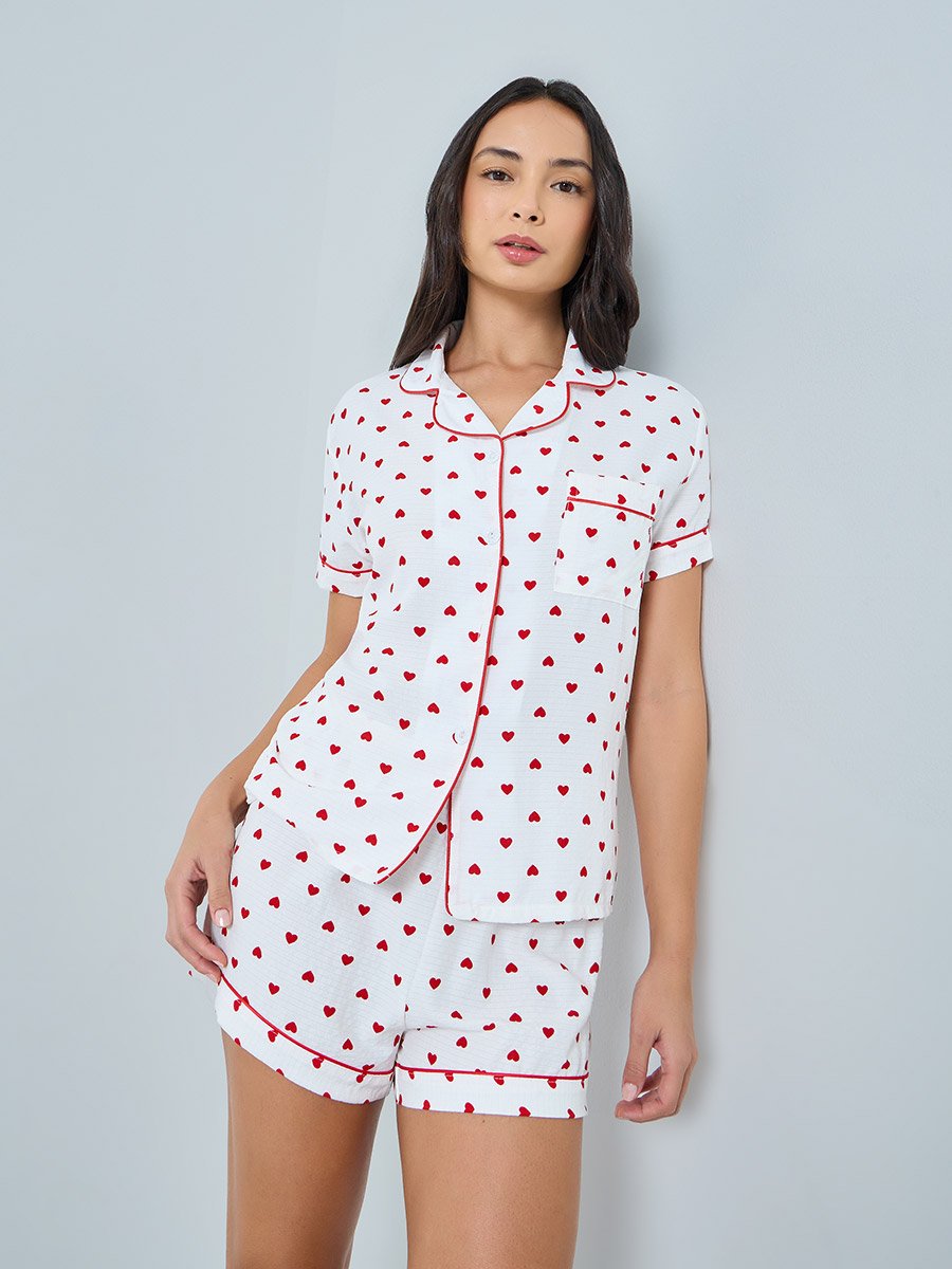 White Heart Print Shirt and Shorts Set