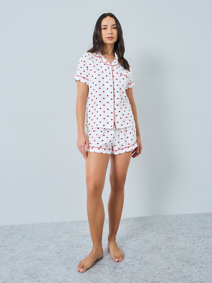 White Heart Print Shirt and Shorts Set