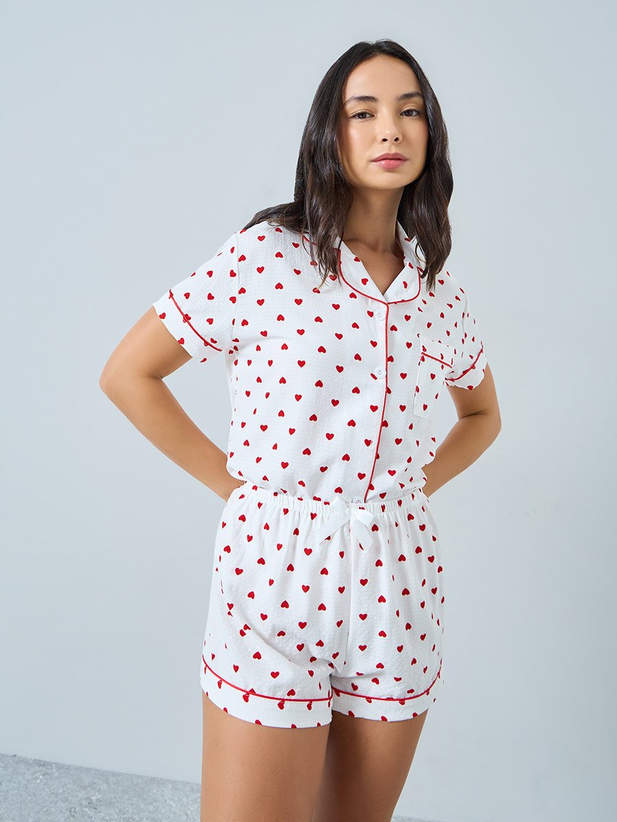 White Heart Print Shirt and Shorts Set