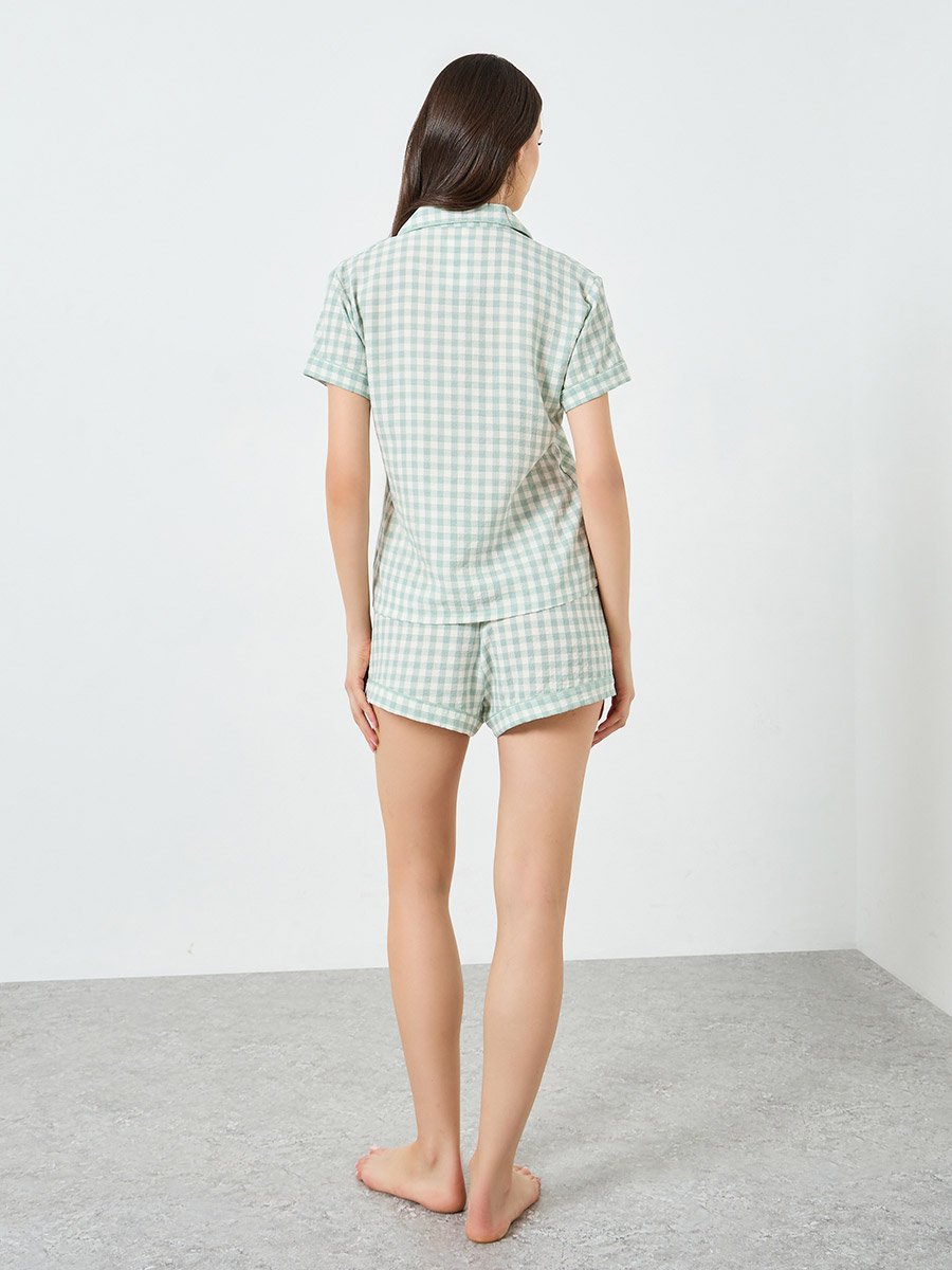 Green Gingham Short Sleeve Shirt and Shorts Set