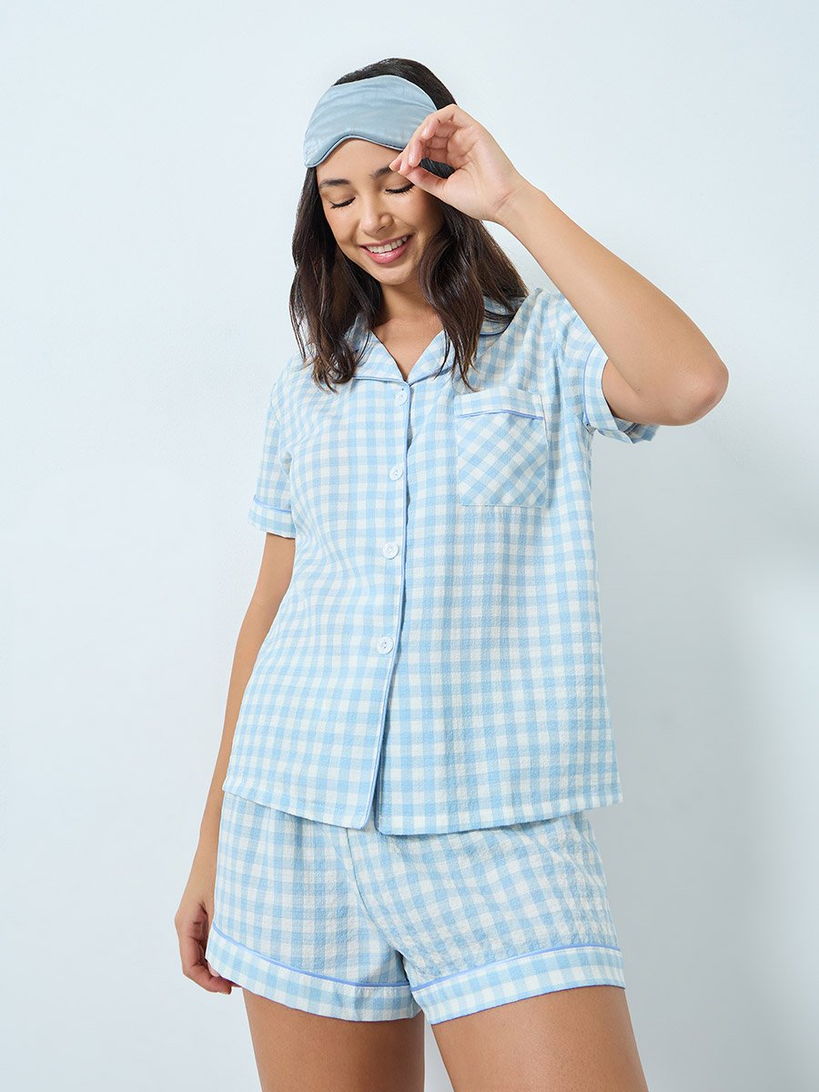 Light Blue Gingham Shirt and Shorts Set