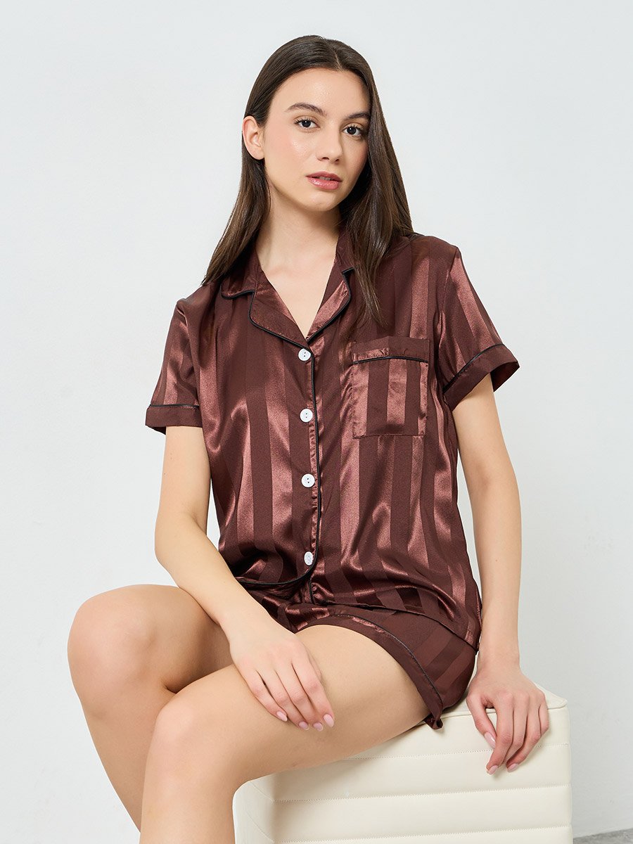 Coffee Brown Striped Piping Shirt and Short Set
