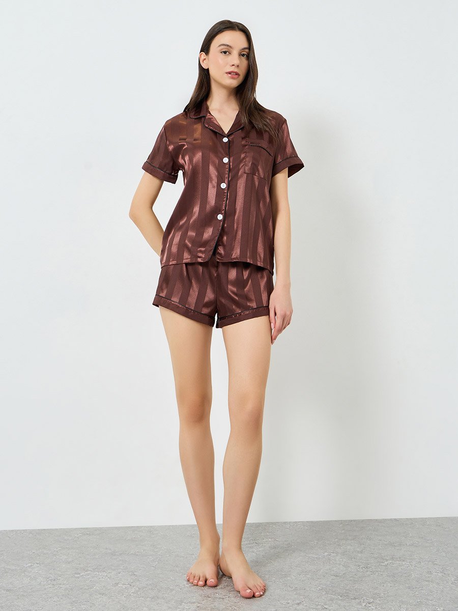 Coffee Brown Striped Piping Shirt and Short Set