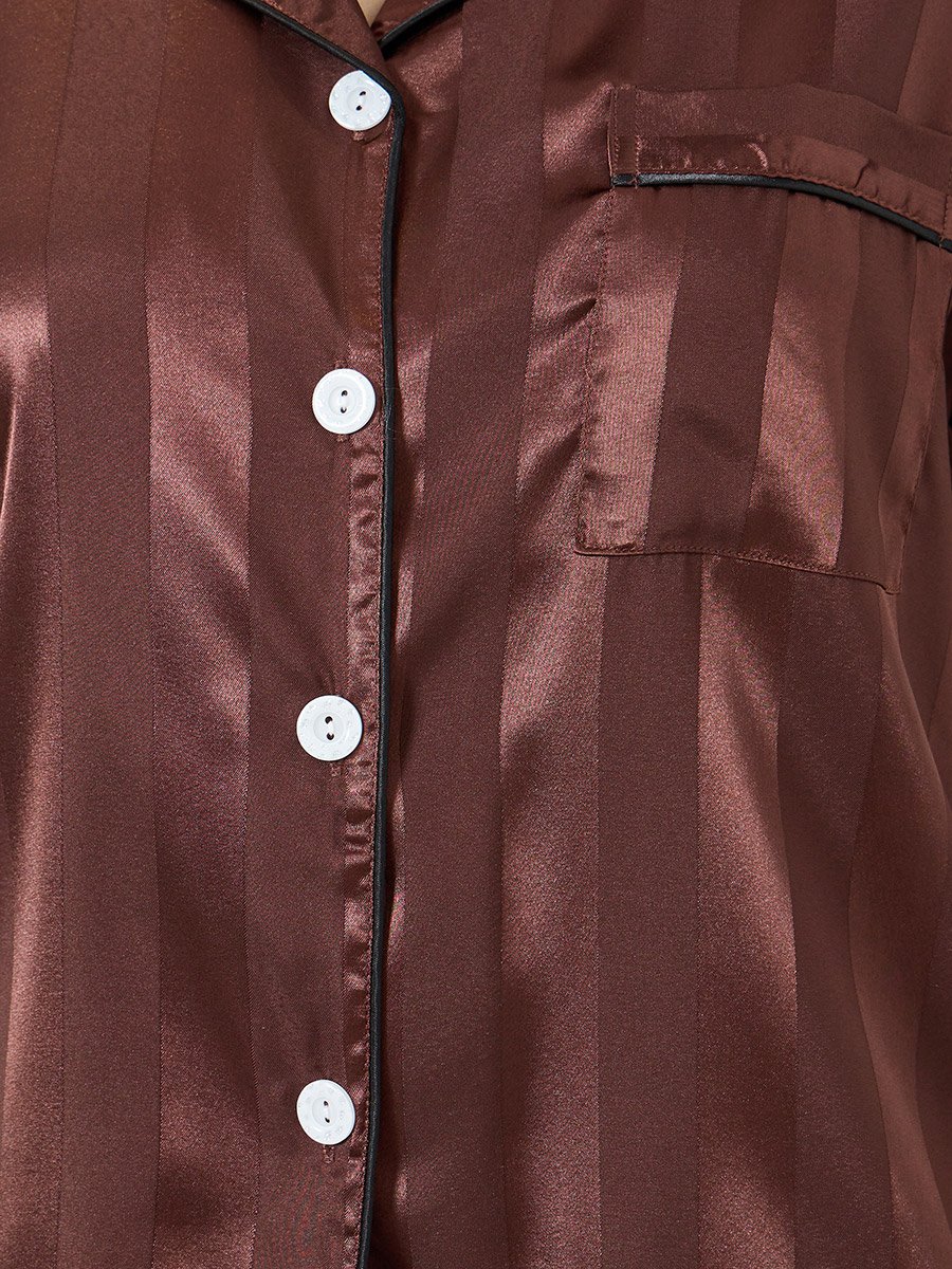 Coffee Brown Striped Piping Shirt and Short Set