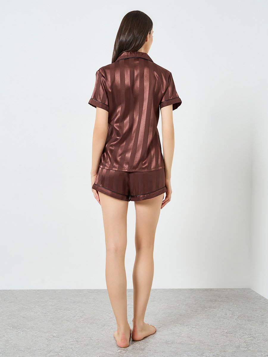 Coffee Brown Striped Piping Shirt and Short Set