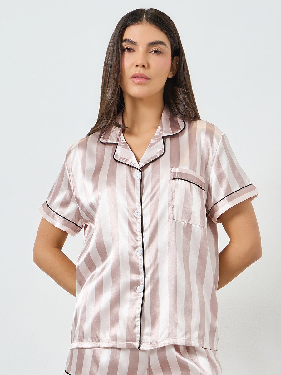 Beige Striped Piping Shirt and Short Set