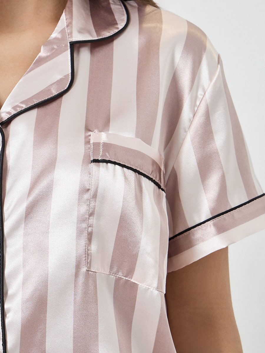 Beige Striped Piping Shirt and Short Set