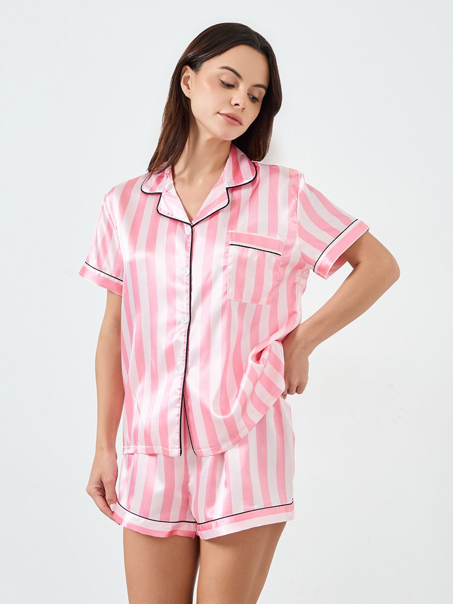 Pink Striped Piping Shirt and Short Set