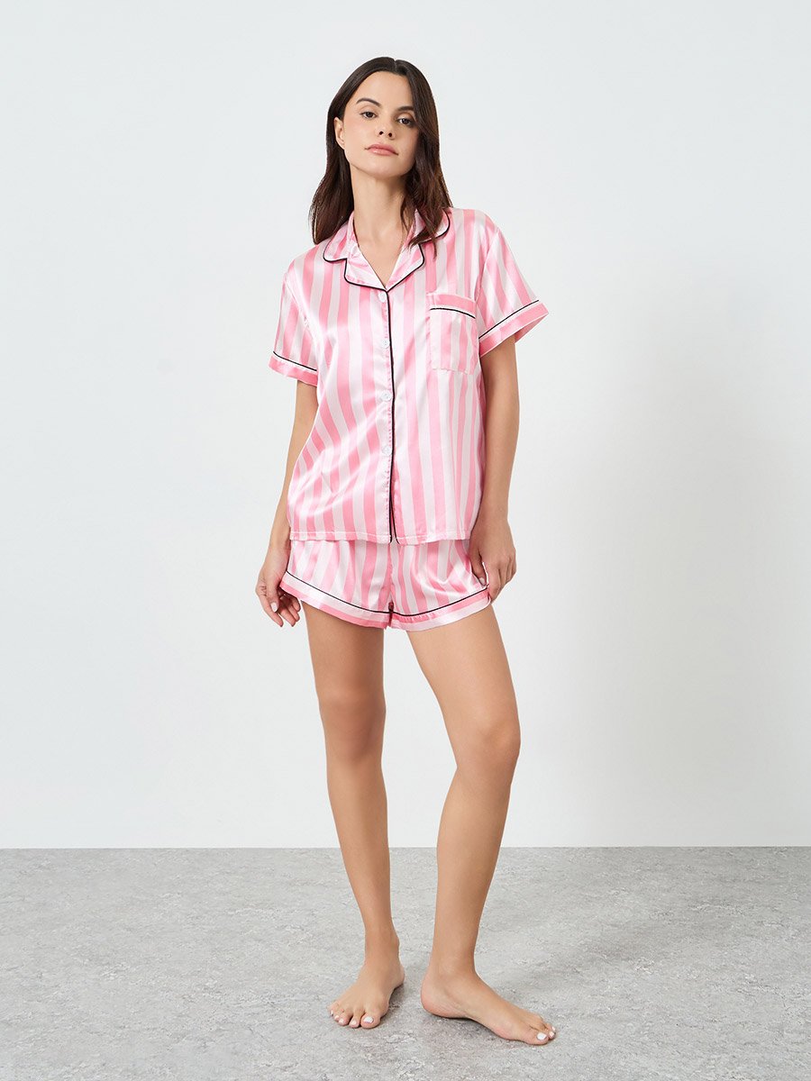 Pink Striped Piping Shirt and Short Set