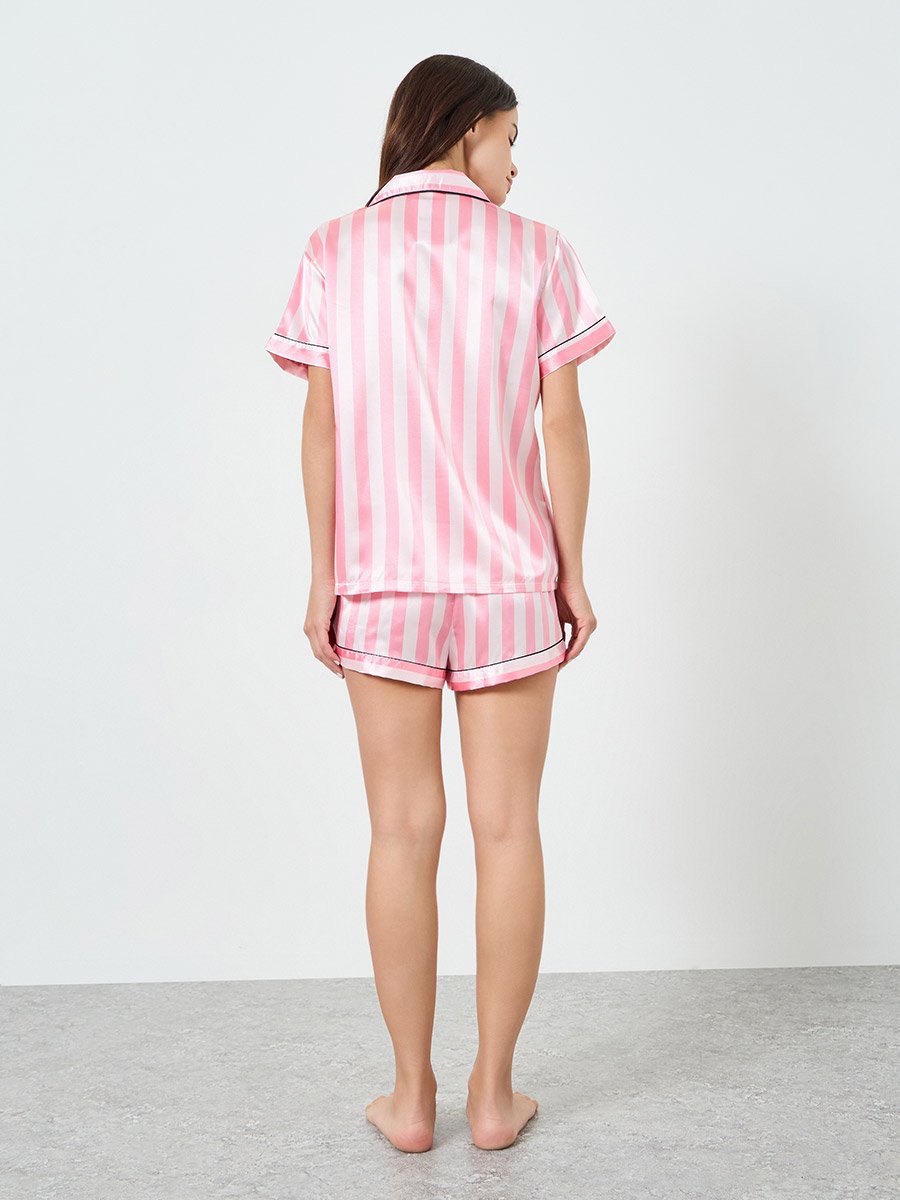 Pink Striped Piping Shirt and Short Set