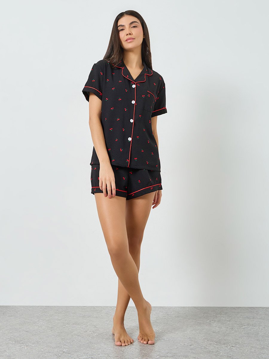 Black Cherry Print Shirt and Shorts Set