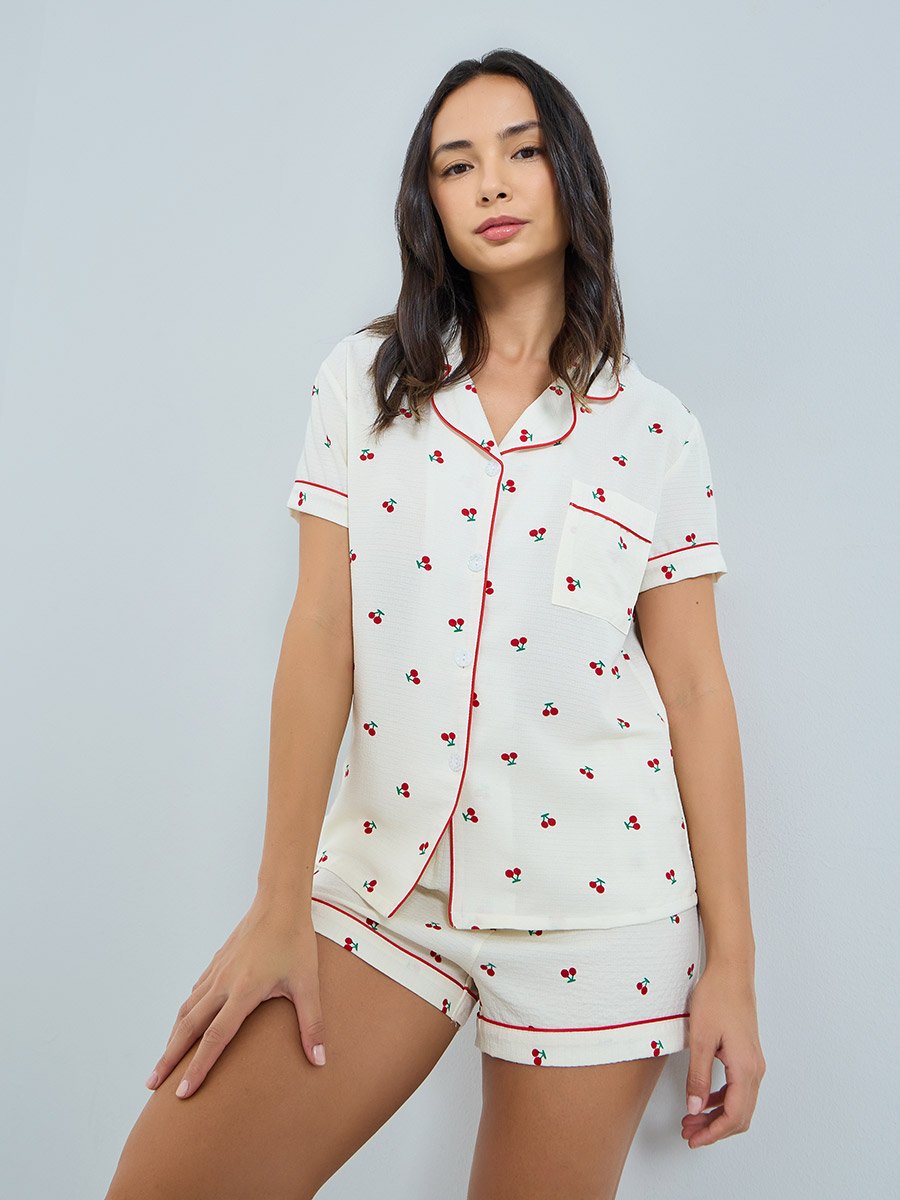 Cream Cherry Print Shirt and Shorts Set