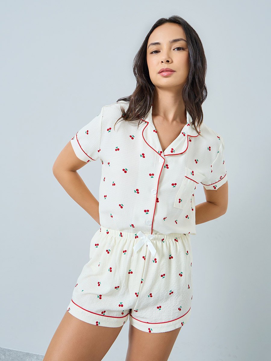 Cream Cherry Print Shirt and Shorts Set