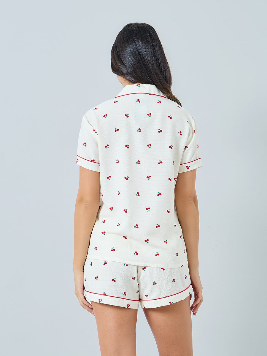 Cream Cherry Print Shirt and Shorts Set