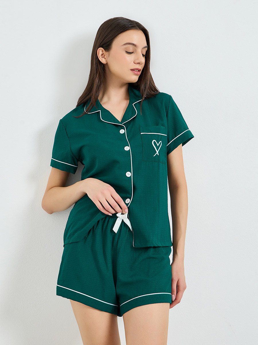 Dark Green Contrast Piping Shirt and Shorts Set
