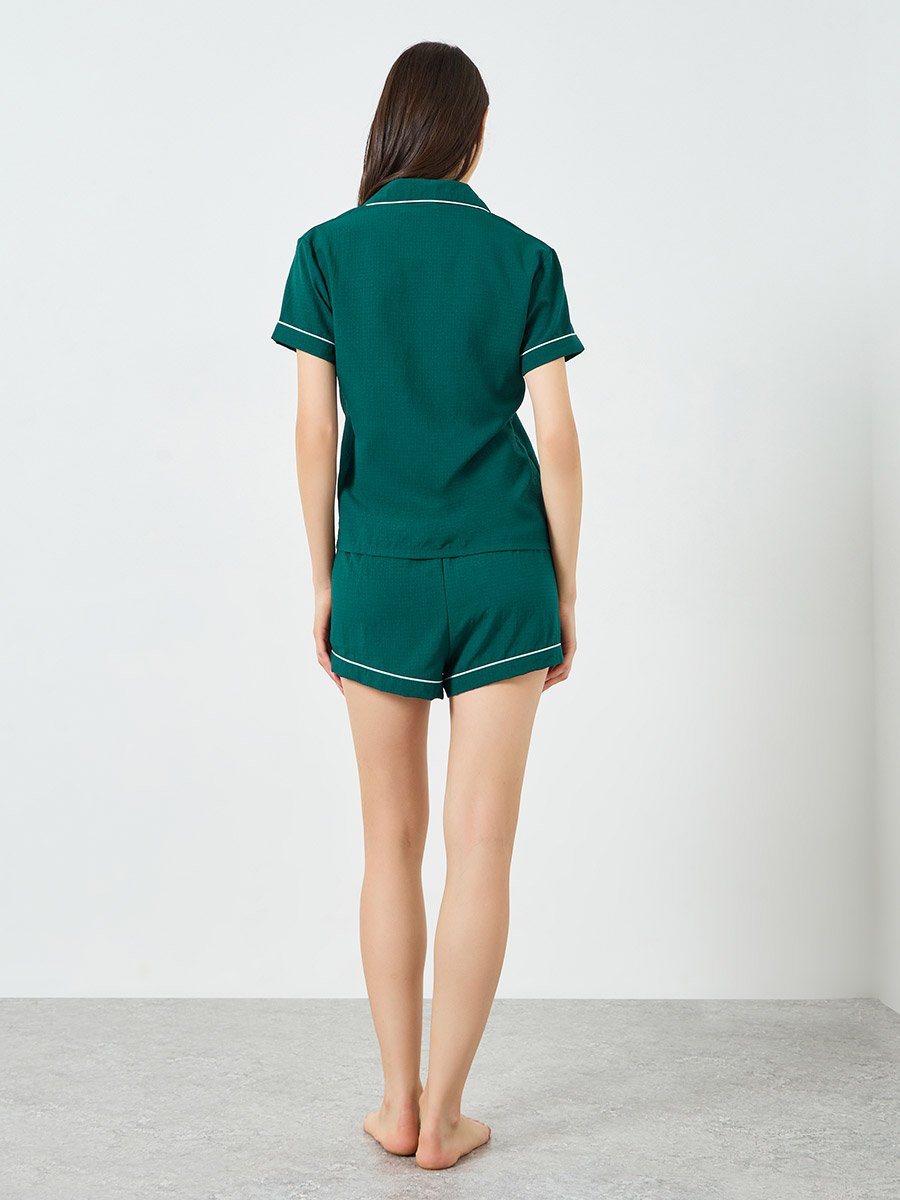 Dark Green Contrast Piping Shirt and Shorts Set