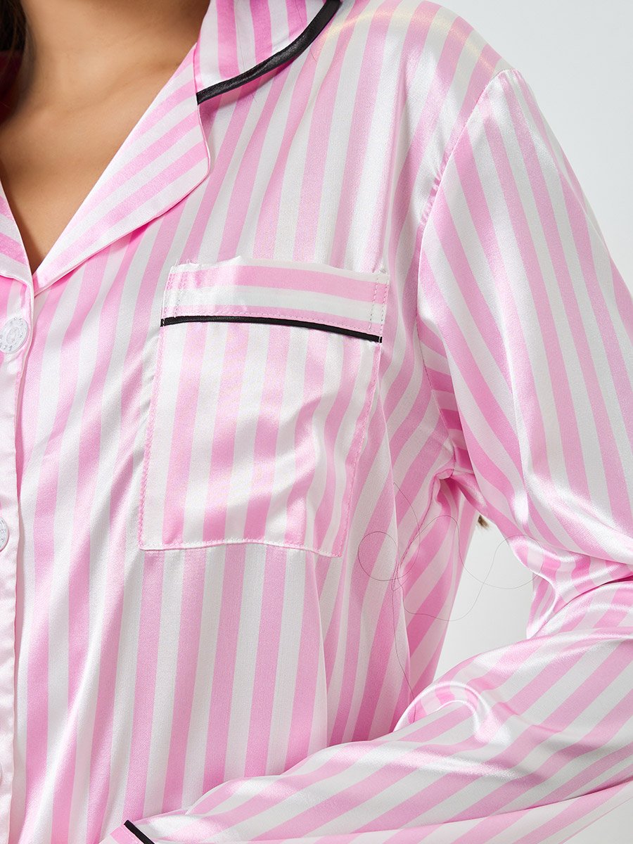 Pink Striped Satin Shirt and Pyjama Set