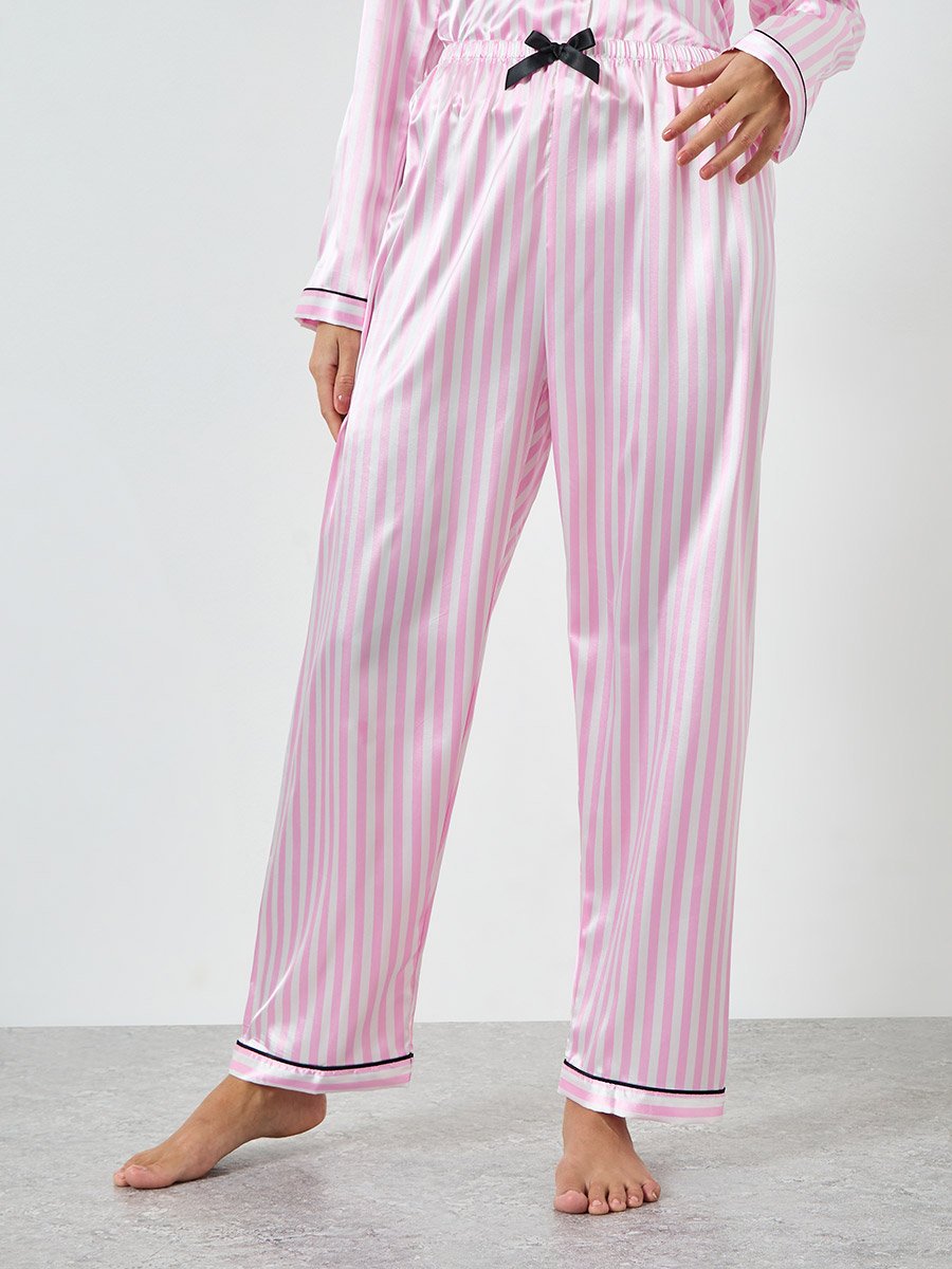 Pink Striped Satin Shirt and Pyjama Set