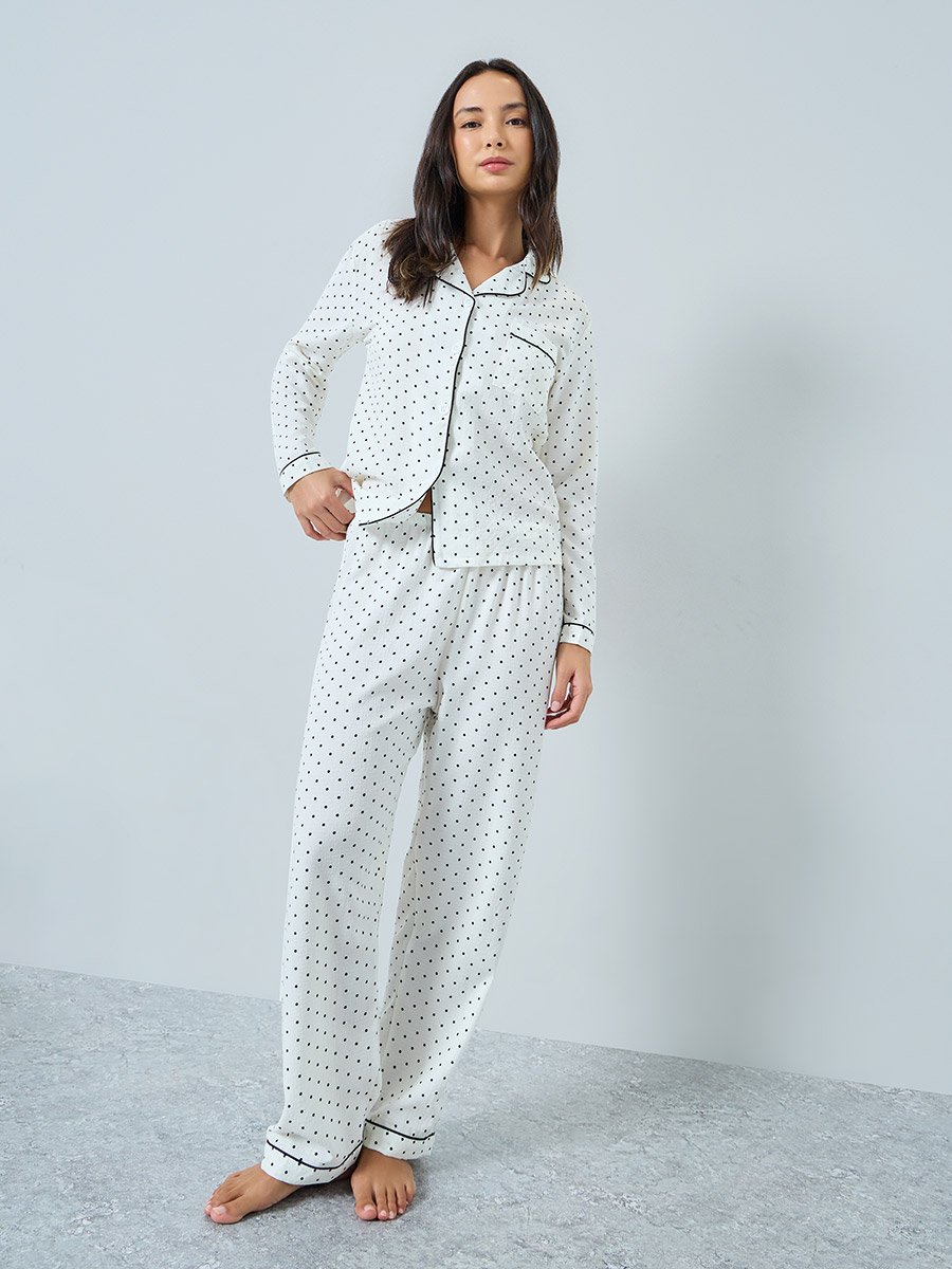 White Polka Dot Print Piped Shirt and Pyjama Set